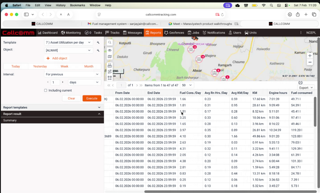 Analyze per-day vehicle usage with detailed insights into running hours, distance traveled, engine hours, fuel consumption, and GPS location data, helping you optimize asset deployment and improve fleet efficiency.