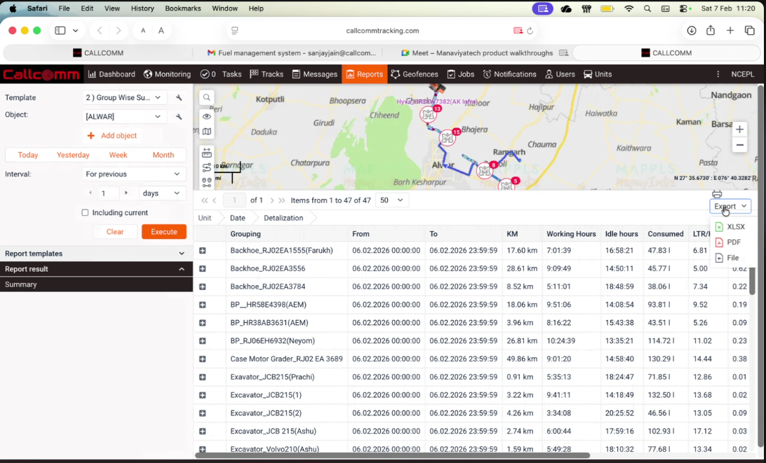 View consolidated performance data for multiple vehicles on a single screen, with GPS route maps and key operational metrics to simplify monitoring and management of large or multi-site fleets.
