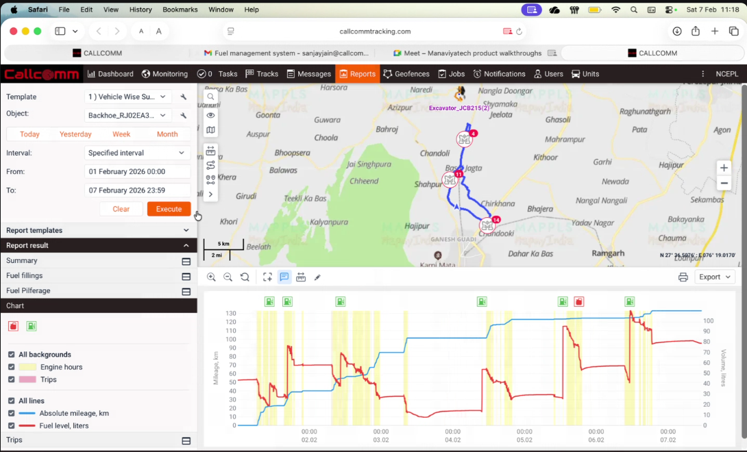 Review detailed vehicle performance through a reporting dashboard that combines vehicle-wise summaries with GPS route playback on the map, enabling accurate trip analysis and operational insights.