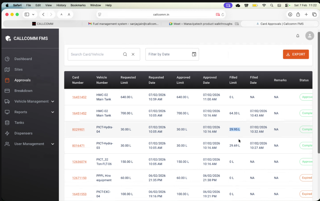 Monitor approved fuel limits against actual fuel filled in real time. Instantly identify over-consumption, unused approvals, expired requests, and completed transactions, all from a single, export-ready dashboard.
