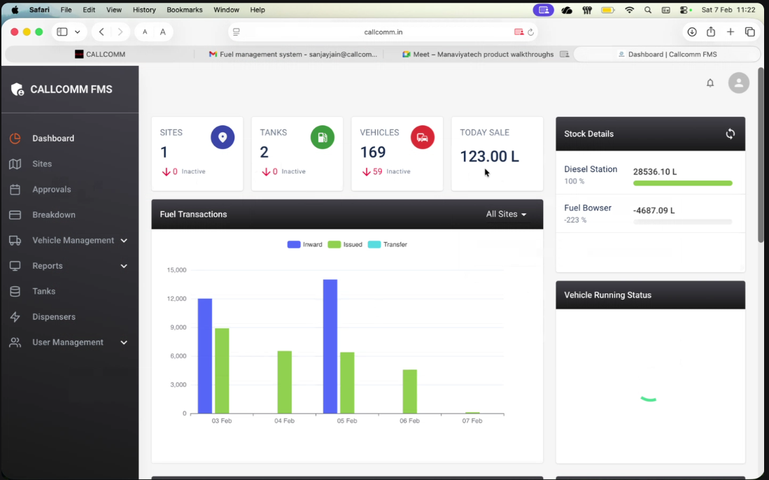 Get a real-time overview of sites, tanks, vehicles, daily fuel sales, stock levels, and transaction trends. Interactive charts and live metrics help operations teams track performance and take faster corrective actions.
