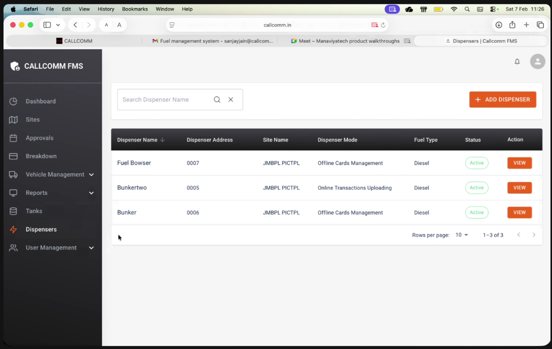 Manage all fuel dispensers and bowsers across sites with details like location, operating mode (online/offline), fuel type, and status. This ensures accurate dispensing and seamless integration with fuel cards and transactions.