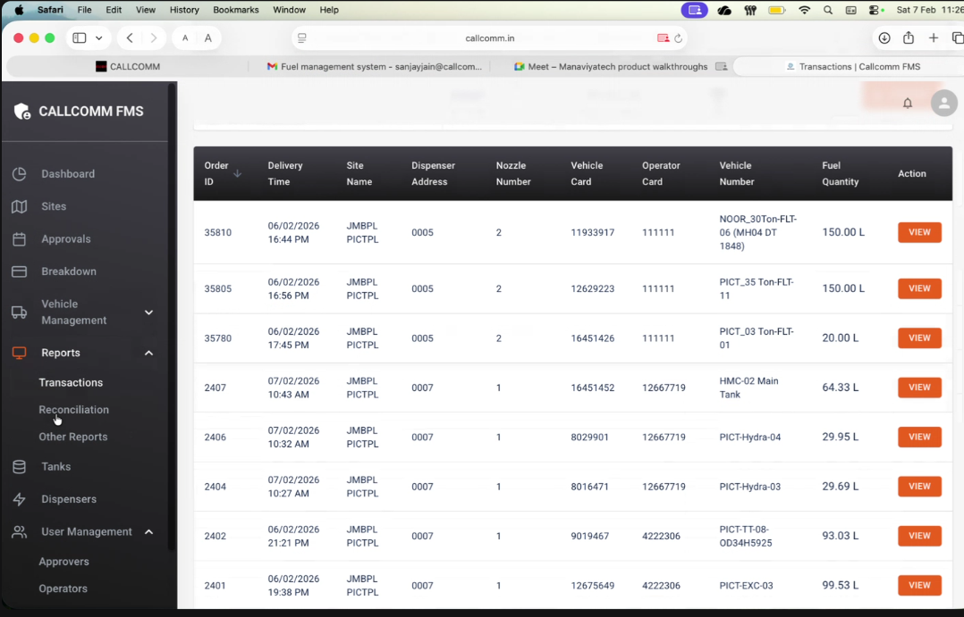Access detailed transaction records including order ID, site, dispenser, nozzle, vehicle, operator, fuel quantity, and timestamps. Every transaction is fully traceable helping eliminate pilferage and disputes.