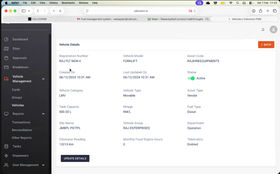 Track every vehicle with detailed asset-level insights including registration number, fuel type, tank capacity, odometer reading, site allocation, and operational status. This ensures accurate fuel mapping and complete control over individual vehicles and movable assets.