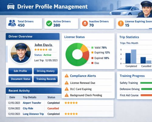 Our specialized driver management system maintains comprehensive digital records for all drivers in the fleet. Your team can store driver information, driving licenses, certifications, and work records digitally, which can be accessed anytime.